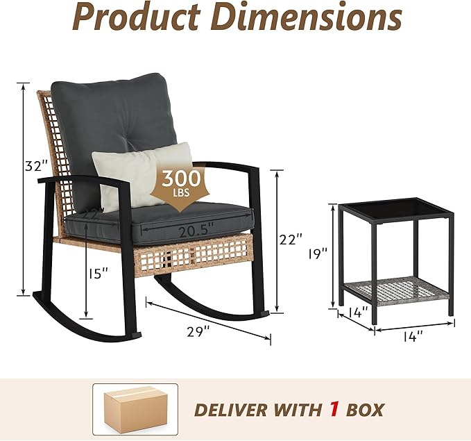 3 Piece Patio Rocking Chairs Set of 2, Outdoor Rocking Chair Bistro Set with Tempered Glass Coffee Table and Thick Lumbar Pillow Set, Front Porch Chairs for Garden, Backyard (Gray Cushion) - Image 2