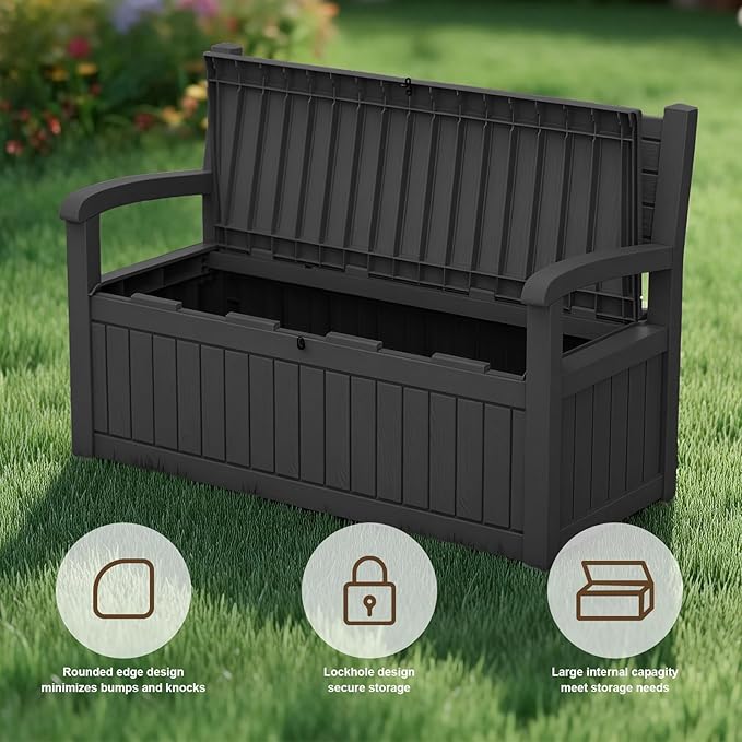 EasyUp 80 Gallon Wood Grain Style Outdoor Storage Bench, Waterproof and Lockable Deck Box Outdoor Storage Furniture for Patio,Garden,and Porch – Perfect for Storing Garden Tools and Cushions(Black) - Image 5