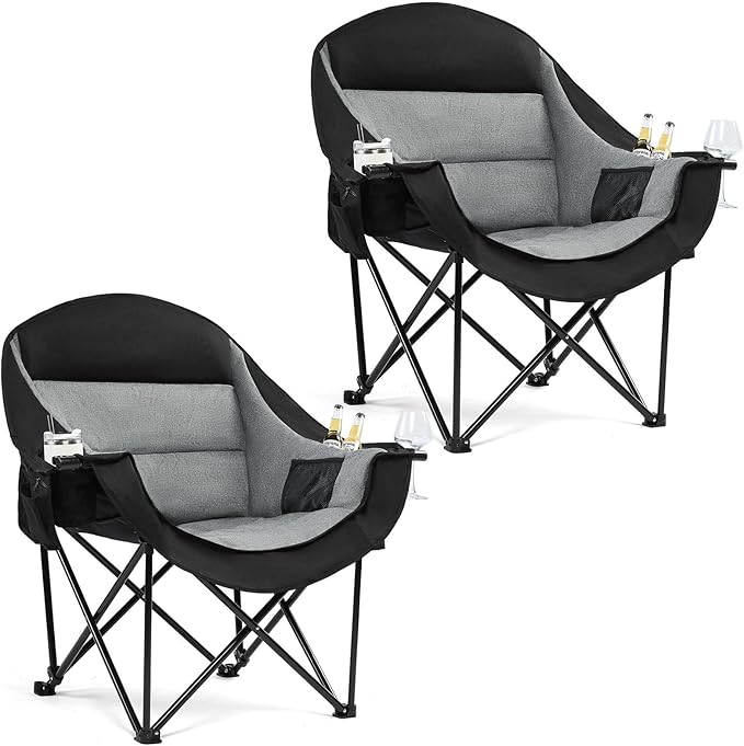 Oversized Camping Chair for Adults - Heavy Duty Outdoor Padded Large Lawn Camp Chair with Cup Holder Cooler Pockets for Sports Beach Fishing Garden Portable Supports 500lbs, Black/Grey 2 Pack by PUVASIA