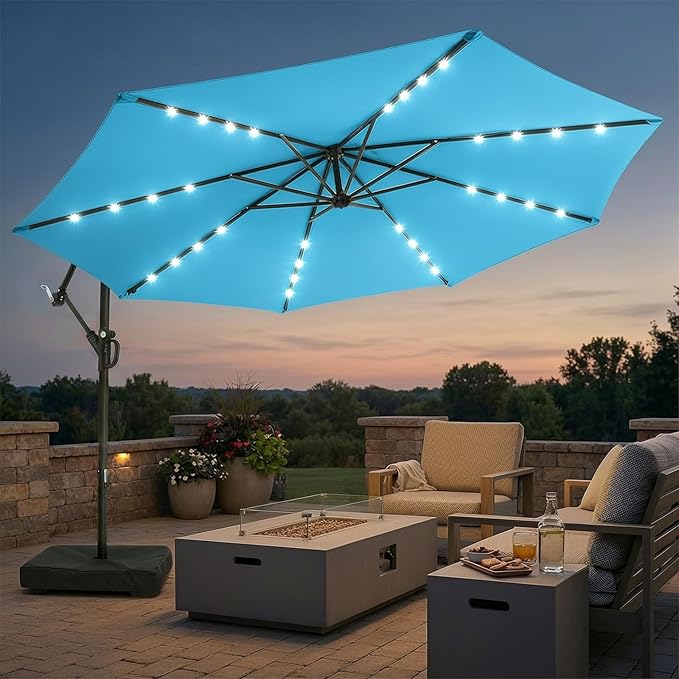 wikiwiki 10ft Solar LED Patio Umbrella with Base Included, Offset Umbrella with Weighted Sandbag Base, Cantilever Patio Umbrellas for Backyard, Garden & Deck, 32 LED Lights & Polyester Shade, Sky Blue by WikiwikiPatioUmbrellas