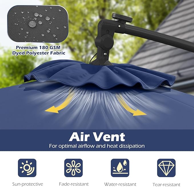 Tangkula 10ft Solar LED Patio Umbrella with Base, Offset Cantilever Outdoor Umbrella with 32 LED Lights, Infinite Tilt, 360 Degree Rotation, Crank Handle for Pool Deck Garden Backyard (Navy) - Image 4