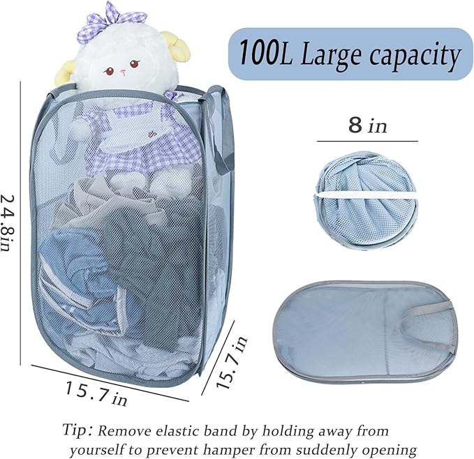 Upgraded 100L Extra Large Collapsible Laundry Baskets, 2 Pack XL Mesh Pop Up - Image 2