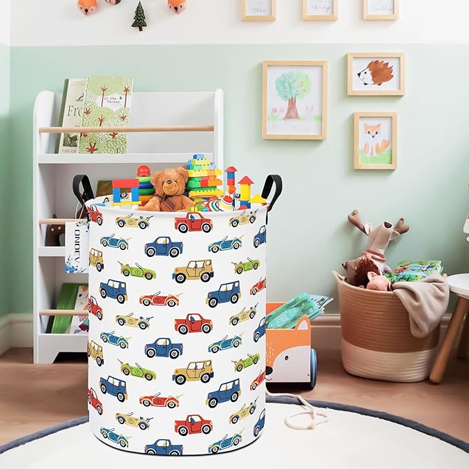 Round Foldable Kids' Racing Cars Laundry Hamper Boys Gift Basket Vehicles - Image 6