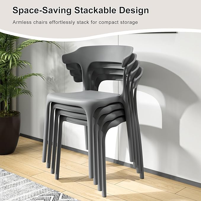 VECELO 4 Pack Plastic Stacking Chairs, Stackable Dining Chairs for Kitchen Restaurant Patio, Portable Indoor Outdoor Use, No Assembly Required, Gray - Image 4