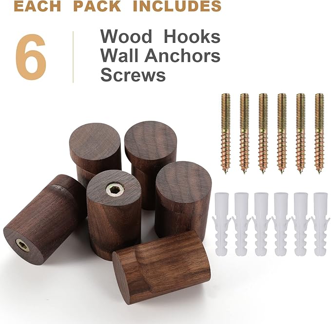 Wood Wall Hooks 6 Pack, Natural Wooden Coat Hooks Wall Mounted, Handmade Rustic - Image 6