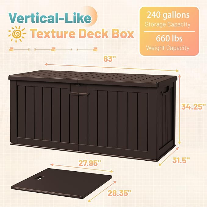 Patiowell 240 Gallon Large Outdoor Storage Box, Waterproof Deck Box with Fixed Divider, Lockable and Durable Patio Storage Solution for Patio Furniture and Garden Tools (Brown) - Image 6