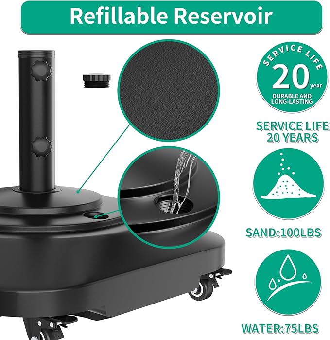 Umbrella Base with 5 Wheels, Upgraded 145lb Umbrella Stand Base, Heavy Duty & Windproof, Fillable Umbrella Base Mobile Umbrella Outdoor for Patio, Deck, Poolside, Lawn, Fits Most Sized Umbrellas - Image 3