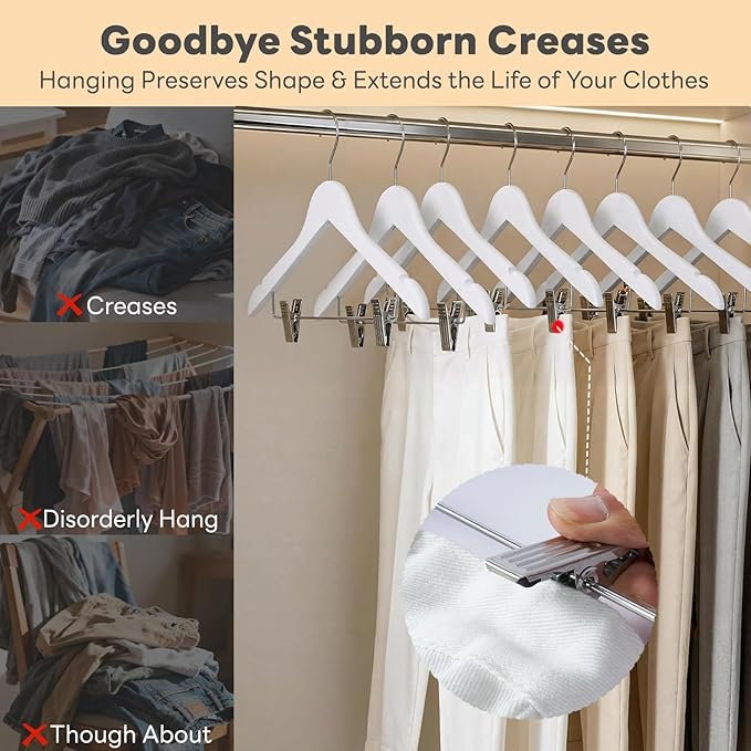 HOUSE DAY Wooden Hangers with Clips 24 Pack, Heavy Duty White Wood Pants Hanger - Image 5