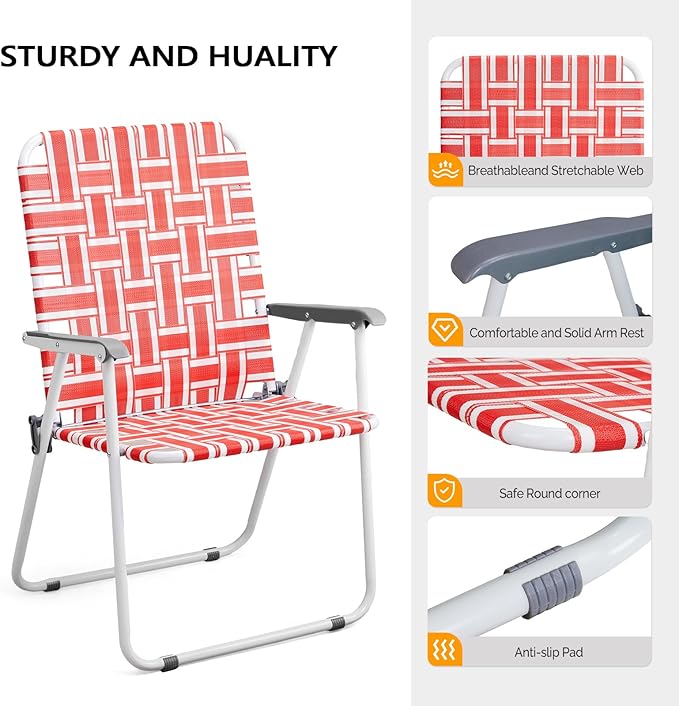 VINGLI Patio Lawn Webbed Folding Chairs Outdoor Beach Portable Camping Chair for Yard, Garden (2, Red, Oversized) - Image 5