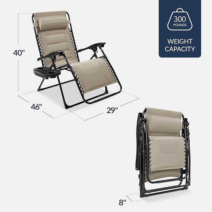 Best Choice Products Oversized Padded Zero Gravity Chair, Folding Outdoor Patio Recliner, XL Anti Gravity Lounger for Backyard w/Headrest, Cup Holder, Side Tray, Polyester Mesh - Dune - Image 2