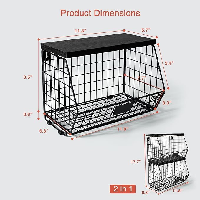 Black Kitchen Wall Hanging Storage Basket Set of 2, Rustic Stackable Kitchen - Image 7