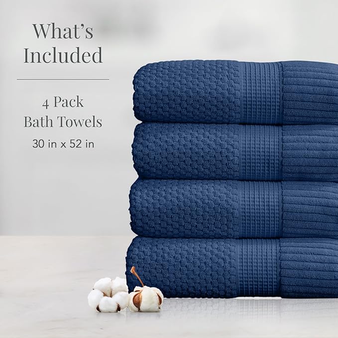 NY Loft 100% Cotton 4 Pack Bath Towel Set| Navy Bath Towels | Super Soft & - Image 2