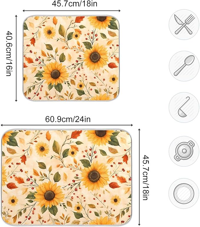Watercolor Sunflowers Autumn Leaves Dish Drying Mat - Image 3
