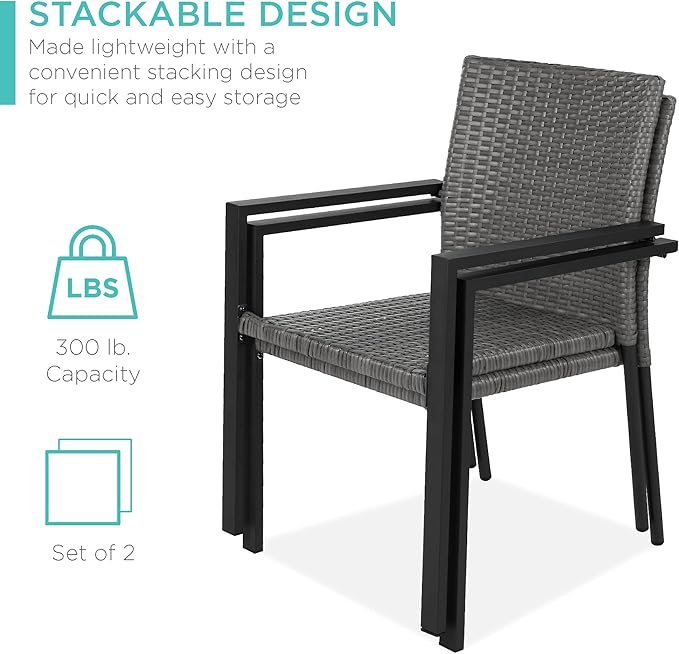 Best Choice Products Set of 2 Stackable Outdoor Wicker Dining Chairs All-Weather Firepit Armchair w/Armrests, Steel Frame for Patio, Deck, Garden, Yard - Gray - Image 5