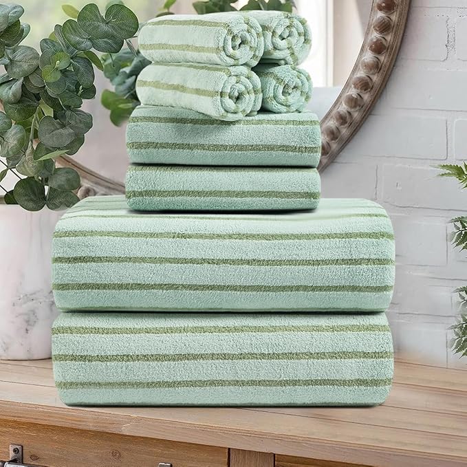 Oliven 8 Pcs Green Cabana Stripe Large Bath Towel Set Oversized Bath Sheet-2 by Oliven