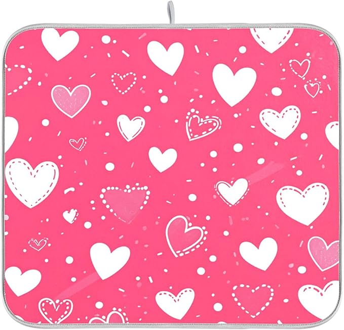 Hot Pink Love Dish Drying Mat for Kitchen Countertop 16x18 Happy Valentine’s by Wamika