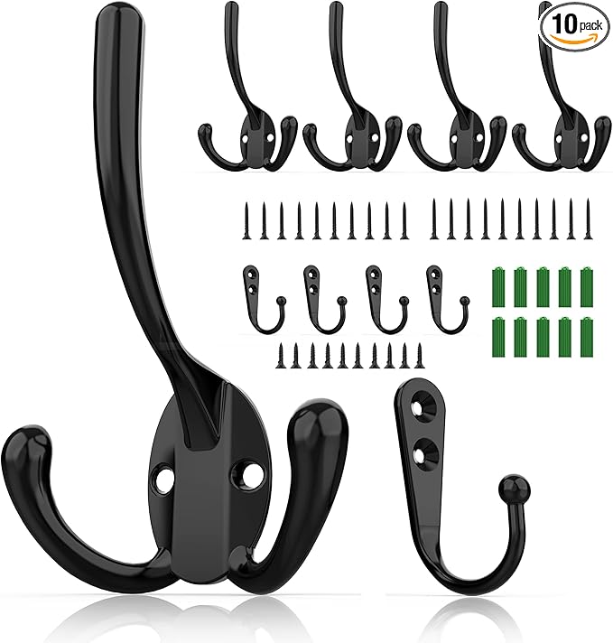 10 Pack Heavy Duty Wall Mounted Black Coat Hooks by ZAYBOD