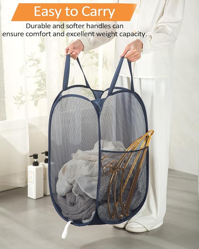 Navy Blue Durable Foldable Laundry Hamper, 22.8 x 14.2 x 14.2 inches - Image 6