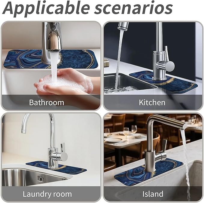Kitchen Sink Splash Guard，Dark blue gold marble Faucet Mat Sink Gadgets-Super - Image 7