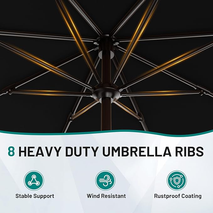 AreShark 9 FT Patio Umbrella for Outdoor, Outdoor Table Umbrella with Push Button Tilt and Crank, Outdoor Patio Umbrellas with 8 Sturdy Ribs for Market, Garden, Pool (Black) - Image 3
