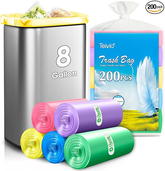 8 Gallon 200 Counts Clear Colorful Trash Bags Kitchen Garbage Bags by Teivio by Teivio