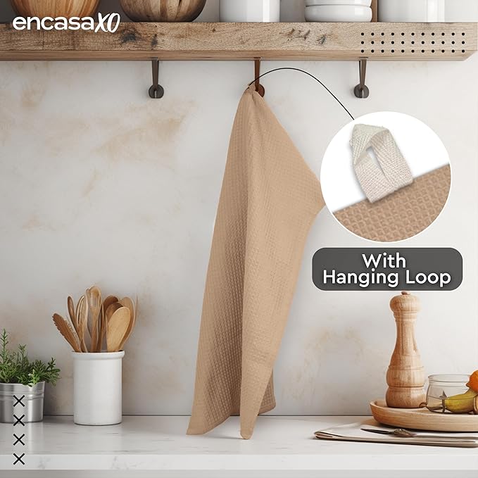 Encasa XO Kitchen Dish Towels Set | Beige | Waffle Weave and Flat Hand Tea - Image 6