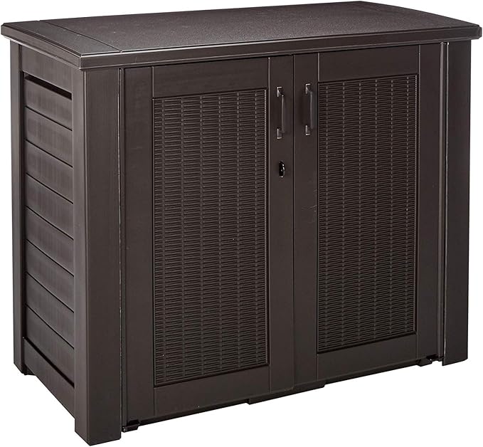 Rubbermaid Decorative Outdoor Storage Cabinet (123 Gal) Weather Resistant Dark Brown Organization for Home/Backyard/Pool Chemicals/Toys/Garden Tools/Porch/Patio Cushions by Rubbermaid