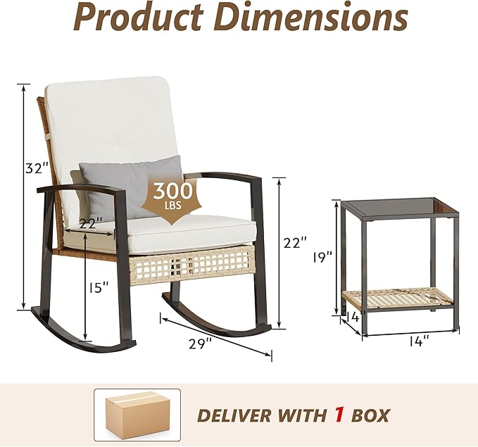 3 Piece Patio Rocking Chairs Set of 2, Outdoor Rocking Chair Bistro Set with Tempered Glass Coffee Table and Thick Lumbar Pillow Set, Front Porch Chairs for Garden, Backyard (Basic) - Image 2