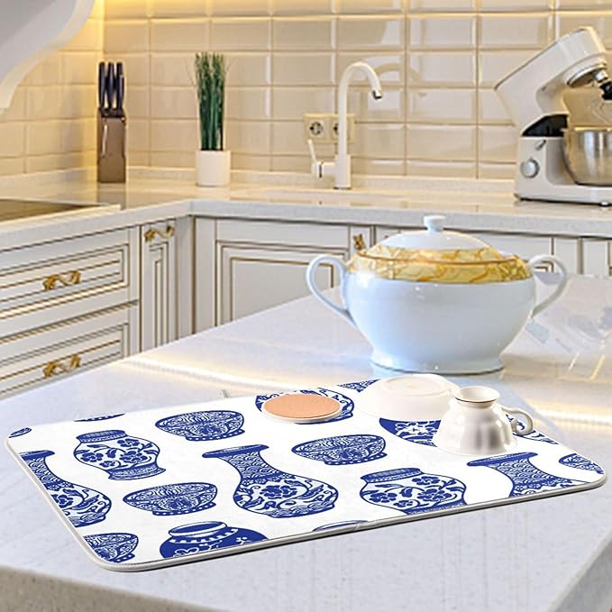 Chinese Blue Vases Dish Drying Mat Super Absorbent Drying Mat Large Coffee Mat - Image 6
