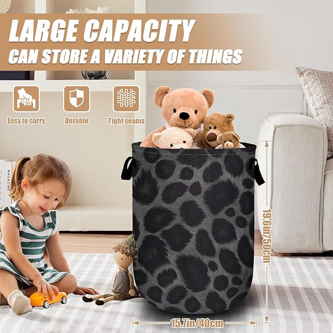 Grey Black Leopard Print Laundry Basket, Foldable Animal Leopard Laundry Hamper - Image 2