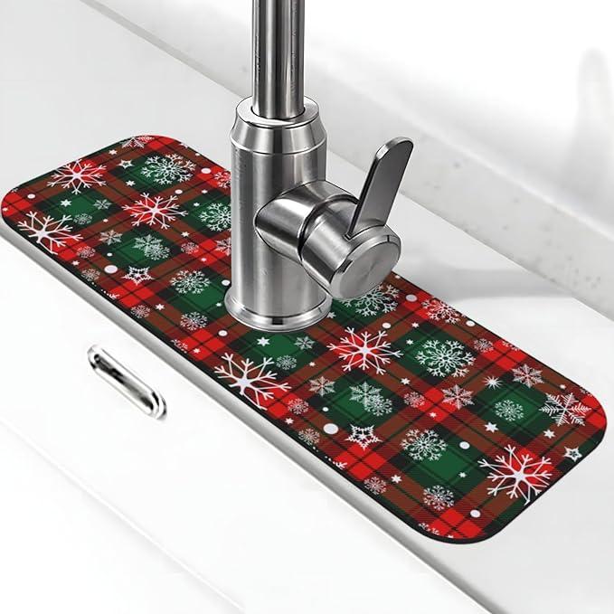 Merry Christmas Snowflakes Red Green Lattice Plaid Kitchen Sink Splash Guard by WILL+BUDXEG