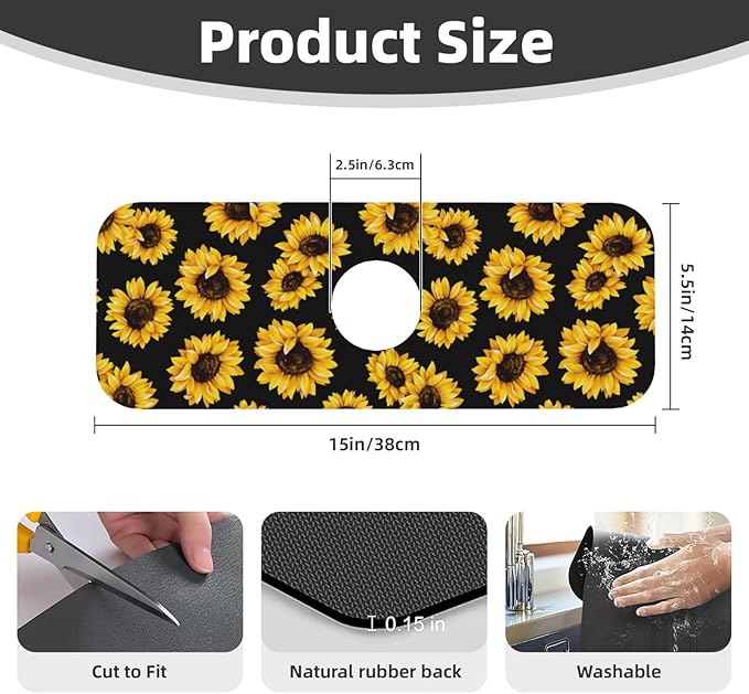 Sunflowers Black Vintage Paingting Kitchen Sink Splash Guard Faucet Mat 1 Pcs - Image 2