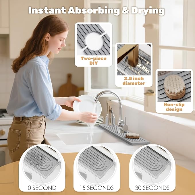 23.6''x4.8''Stone Faucet Mat for Kitchen Sink, Diatomite Quick Dry Kitchen Sink - Image 2
