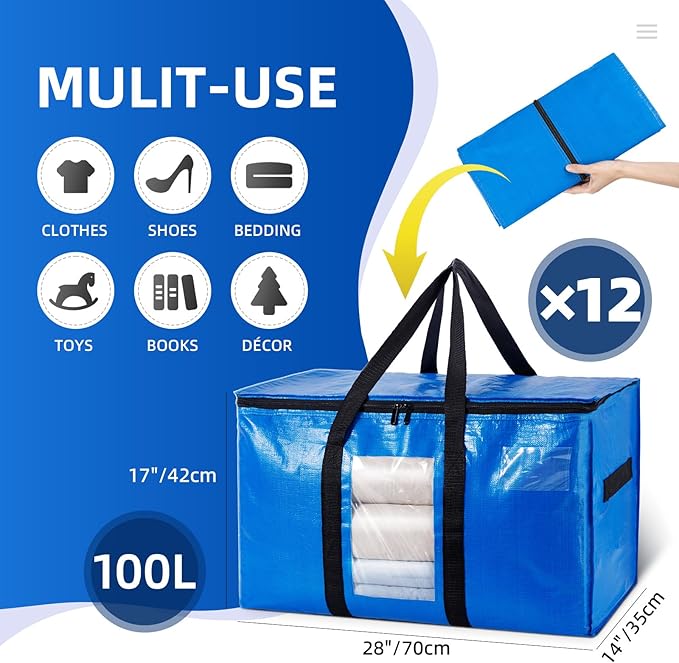 TAILI Extra Large Moving Bags, 12 Pack Blue Heavy Duty Totes - Image 6