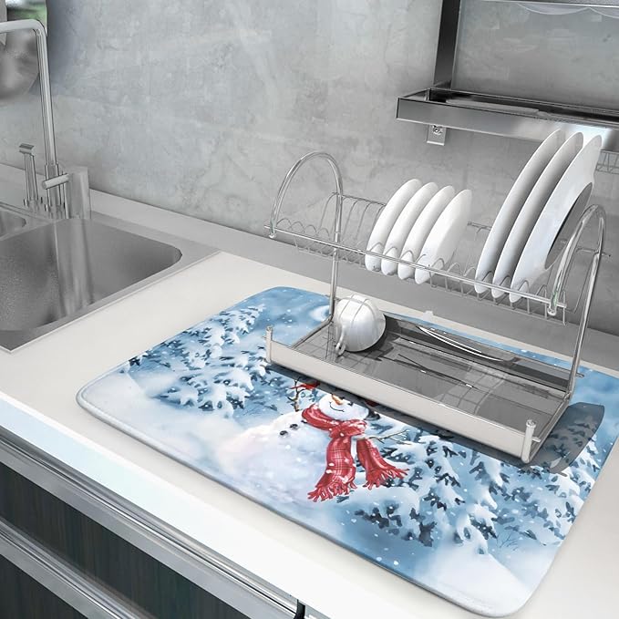 Blue Snowman Dish Drying Mat Winter Pine Tree Drainer Rack Mats 18x24 Inch - Image 5