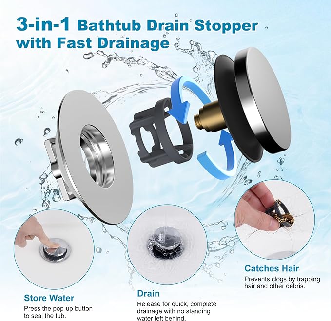 Hibbent 3 in 1 Metal Bathtub Drain Stopper, Universal Pop Up Tub Stopper - Image 2