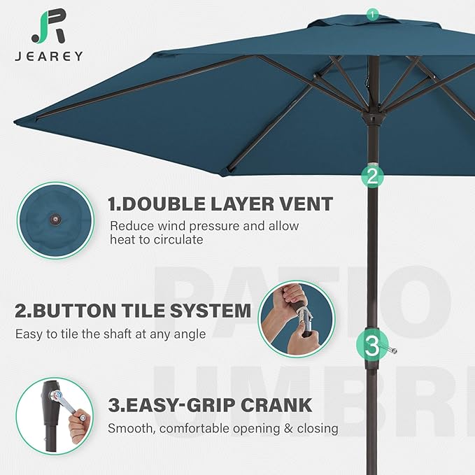 JEAREY 7.5FT Patio Umbrella Outdoor Market Umbrella with 6 Sturdy Ribs, Push Button Tilt/Crank Table Umbrella for Garden, Deck, Backyard and Pool, Lake Blue - Image 3