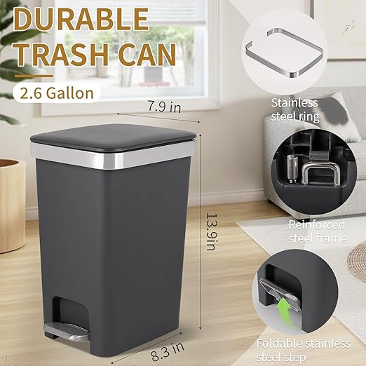 Small Bathroom Trash Can with Lid and 3 Rolls Trash Bags, Step Pedal - Image 3