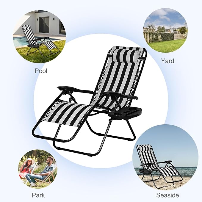 Nazhura Set of 2 Relaxing Recliners Patio Chairs Adjustable Steel Mesh Zero Gravity Lounge Chair Beach Chairs with Pillow and Cup Holder Khaki (Black/White Stripe) - Image 6
