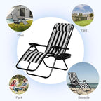 Nazhura Set of 2 Relaxing Recliners Patio Chairs Adjustable Steel Mesh Zero Gravity Lounge Chair Beach Chairs with Pillow and Cup Holder Khaki (Black/White Stripe) - Image 6