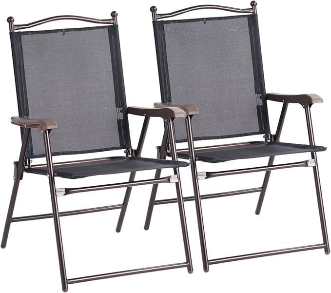 Giantex Set of 2 Patio Folding Chairs, Outdoor Patio Dining Chairs w/Armrest, Sling Back, Metal Frame, Outside Use for Lawn Camping Garden Pool Beach Yard Lounge, No Assembly, Black by Giantex