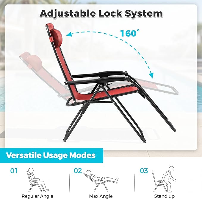 Homall Zero Gravity Chair Patio Folding Lawn Outdoor Lounge Gravity Camp Reclining Lounge Chair with Cup Holder Pillows for Poolside Backyard and Beach Set of 4 (Red) - Image 4