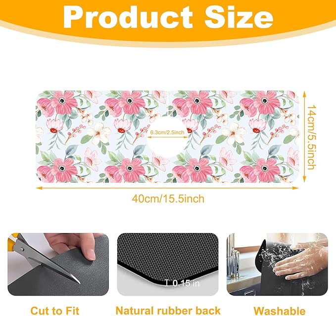 2 Pack Watercolor Floral Sink Faucet Absorbing Mat White Pink Flowers Super - Image 2