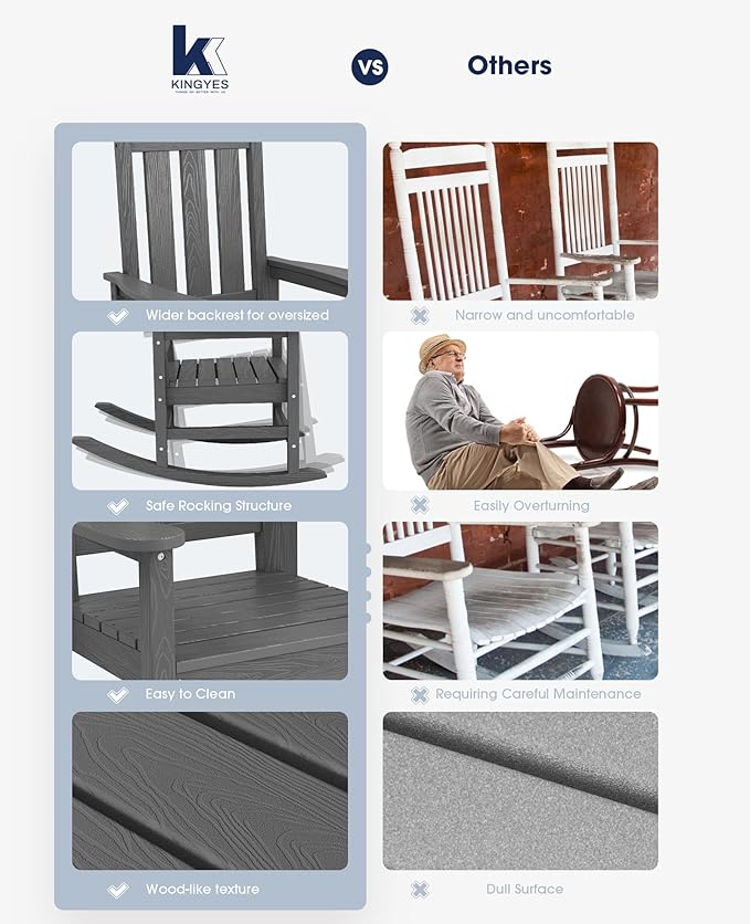 KINGYES Oversized Outdoor Rocking Chair, All-Weather Patio Rocking Chairs for Porch, HDPE Outdoor Patio Rockers with High Back & Wide Seat for Garden, Lawn, Gray - Image 7
