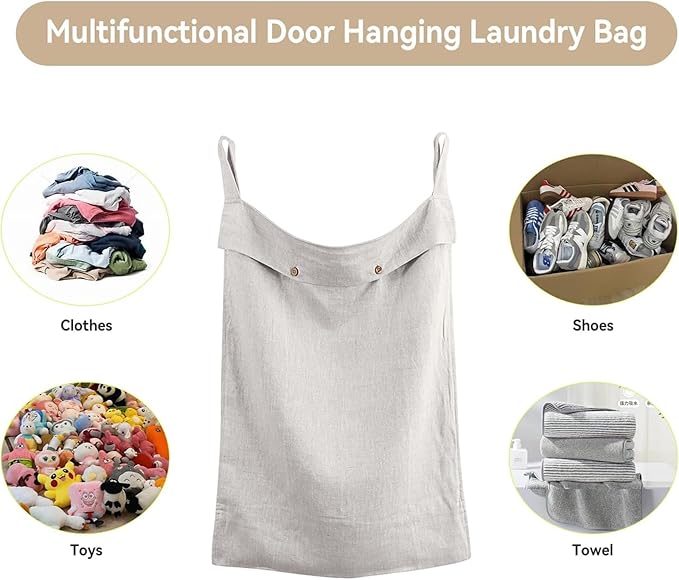 100% Linen Hanging Laundry Hamper Bag 20x27 Inch, Over the Door - Image 5