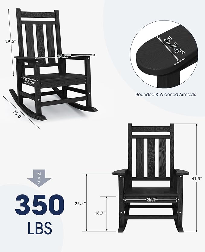 KINGYES Oversized Outdoor Rocking Chair, All-Weather Patio Rocking Chairs for Porch, HDPE Outdoor Patio Rockers with High Back & Wide Seat for Garden, Lawn, Black - Image 3