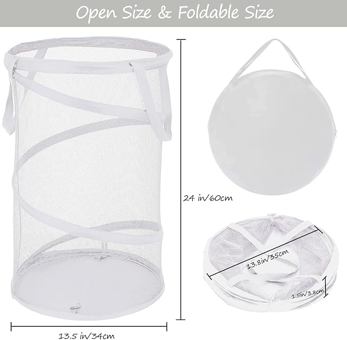 BATTOO 2 Pack White Large Collapsible Laundry Basket Foldable Mesh Pop Up Hamper - Image 2