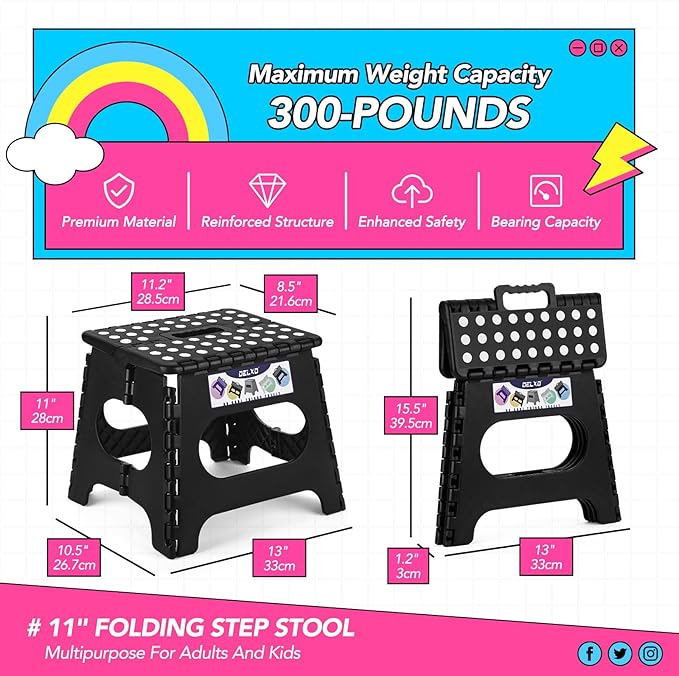 Delxo Folding Step Stool,11 Inch Non-Slip Foldable Step Stools for Kids and Adults,Portable Foldable Step Stool Lightweight Small Folding Stool with Handle for Kitchen Bathroom in Black,1 Pack - Image 5