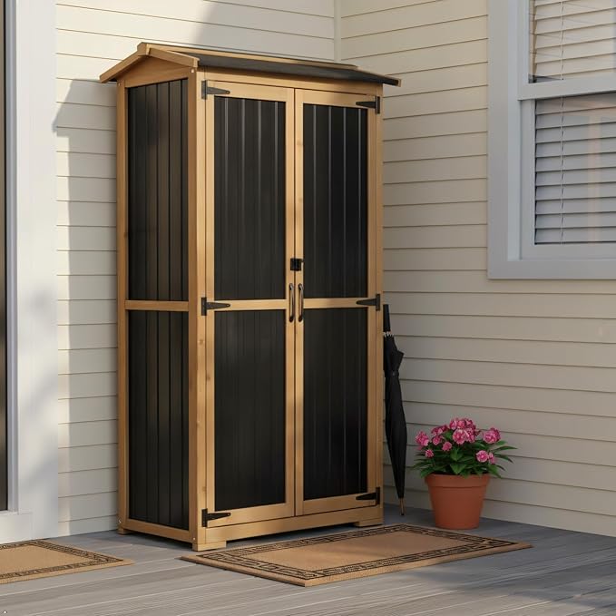 Outdoor Storage Cabinet Weather-Resistant, Wood & Metal Storage Shed with 3 Removable Shelves, Waterproof Roof, Adjustable Feet, Patio Storage Cabinet Outside for Garden Garage Backyard Pool by PETSCOSSET
