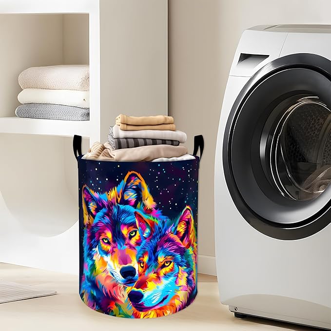 Neon Wolf with Vibrant Color Laundry Basket with Handles, 19.7"x15.7" Clothes - Image 2